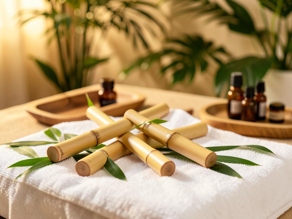 Cañas de bambú sobre toalla blanca con aceites esenciales para Bambu Zen Massage Bamboo Experience