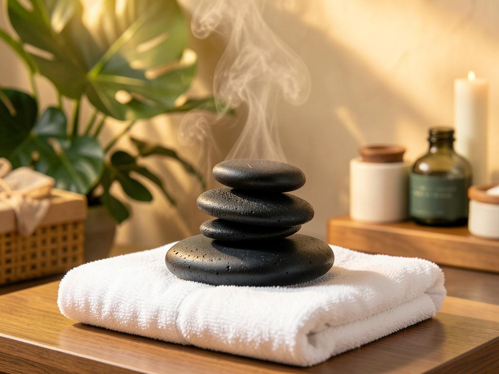 Piedras volcánicas calientes sobre toalla blanca en ambiente spa para Earth Massage Hot Stone Experience