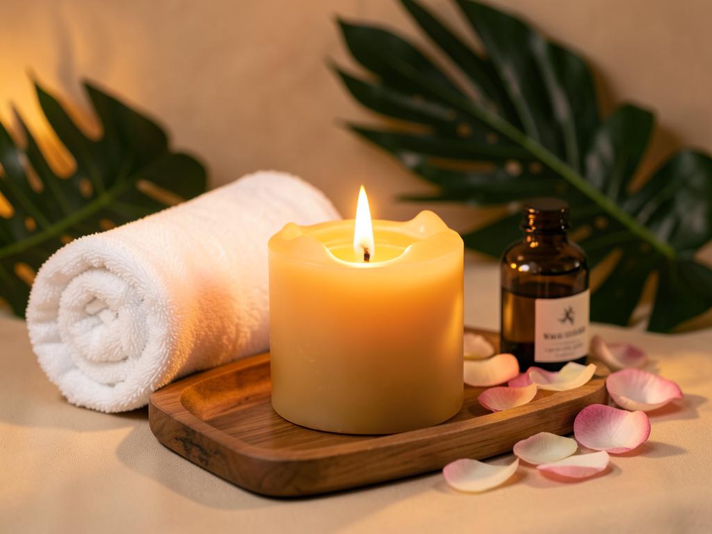 Vela cosmética encendida junto a toalla enrollada y aceite para Ignia Massage Warm Candle Experience
