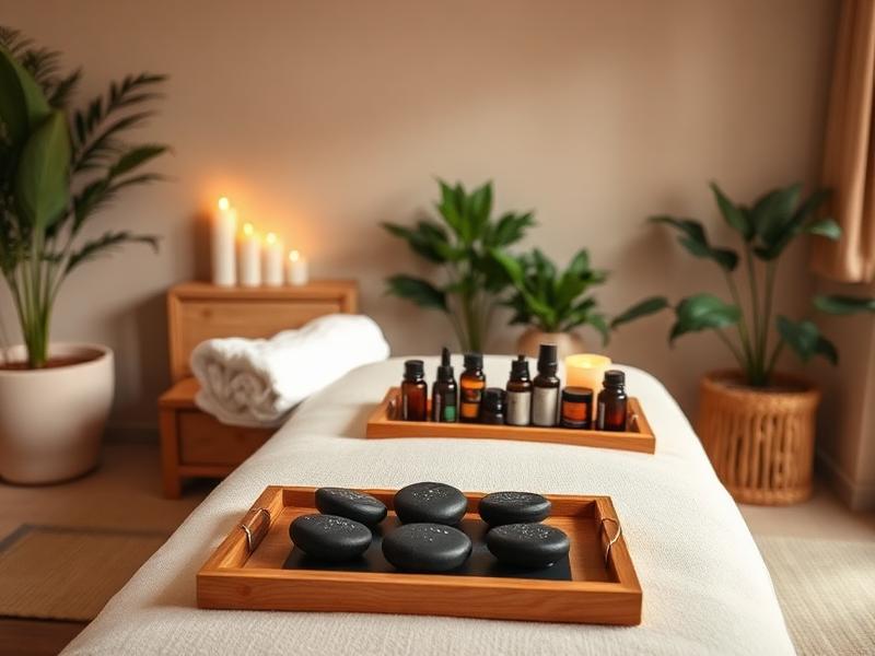 Sala preparada para un masaje de relajación con piedras calientes y aceites esenciales
