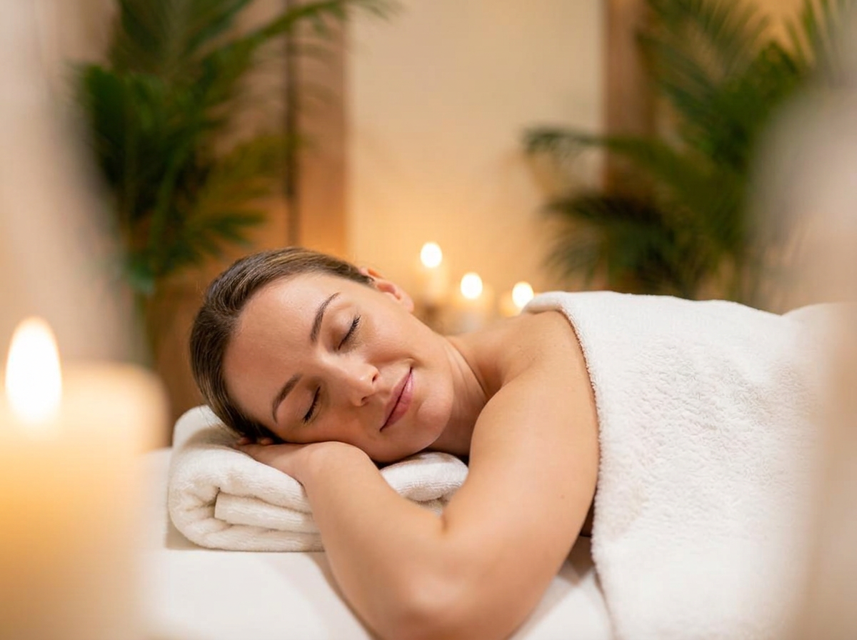 Ambiente spa tranquilo con camilla, toallas, velas y plantas tropicales para masaje relajante