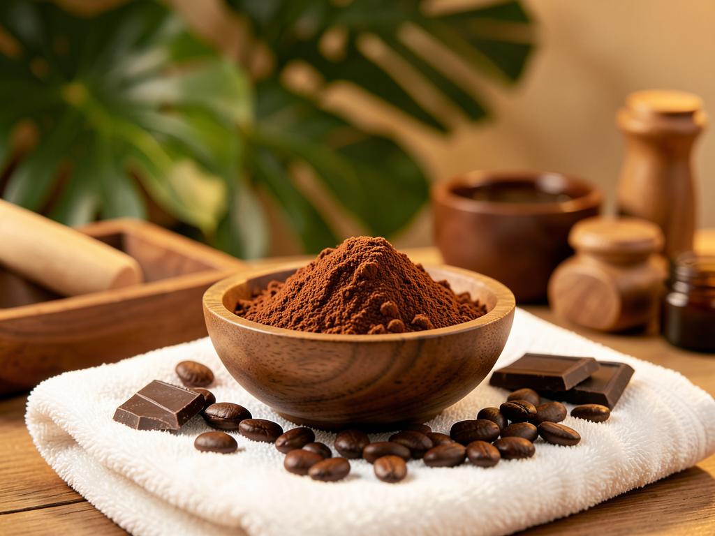Polvo y granos de cacao en bowl de madera sobre toalla blanca para Ritual Cocoa Wellness Experience